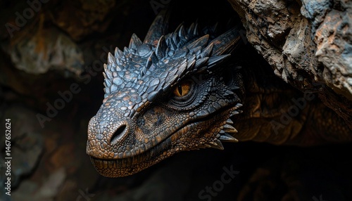 a dragon appearing from a cave