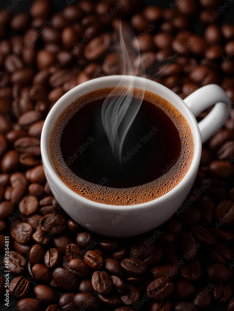 Fototapeta premium Steaming Cup of Coffee: A rich, dark cup of coffee, steaming gently, rests on a bed of roasted coffee beans, promising warmth and comfort.