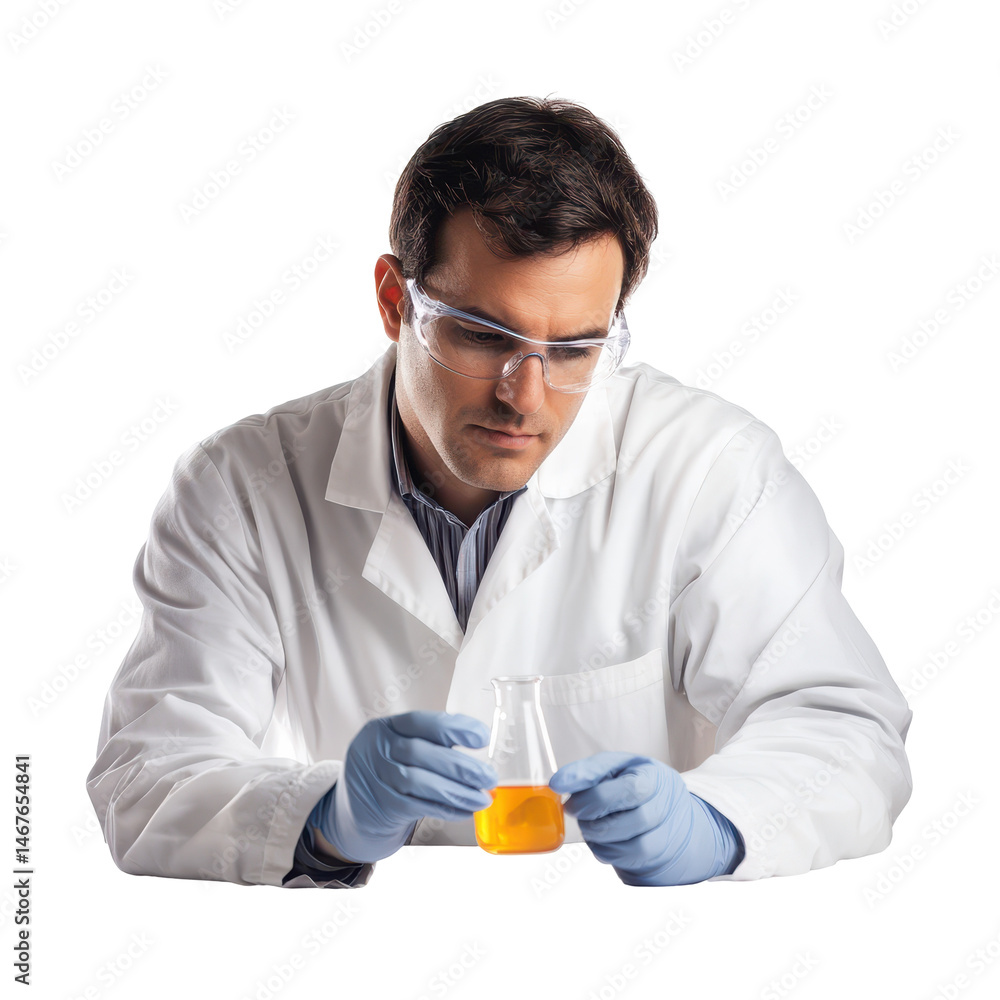 Scientist examines yellow liquid in lab flask with careful attention in a research laboratory setting Scientist examines yellow liquid in lab flask with careful attention in a research laboratory setting