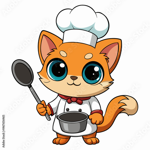 Adorable Orange Cat Chef Cartoon Character Holding Cooking Utensils.
