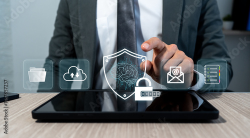 Cybersecurity uses artificial intelligence to protect data and files. Hologram with icons