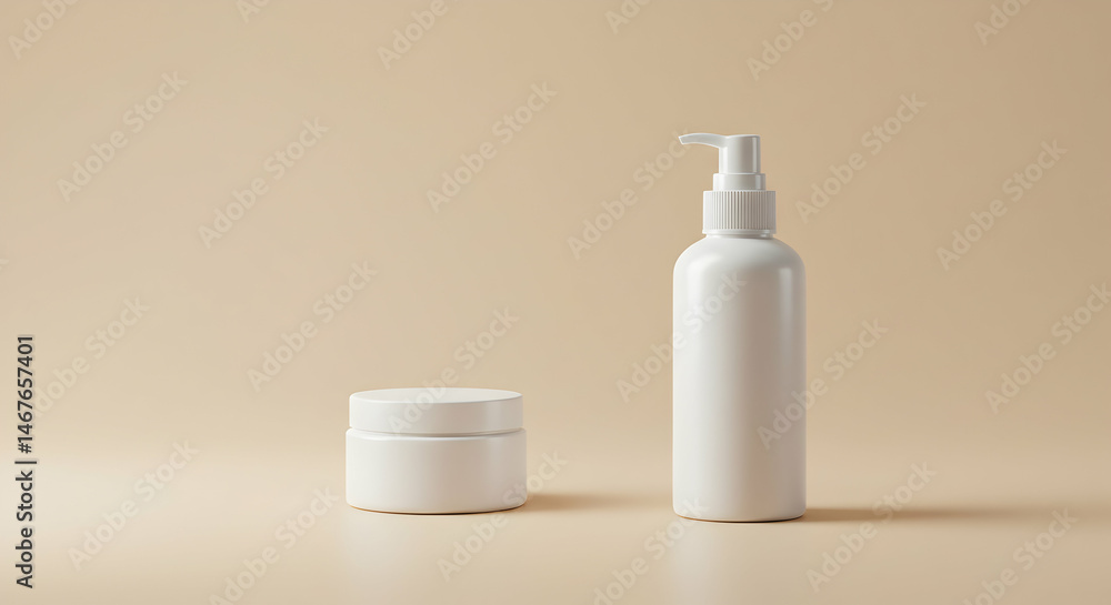 Minimalist display of white cosmetic containers on beige background Minimalist display of white cosmetic containers on beige background