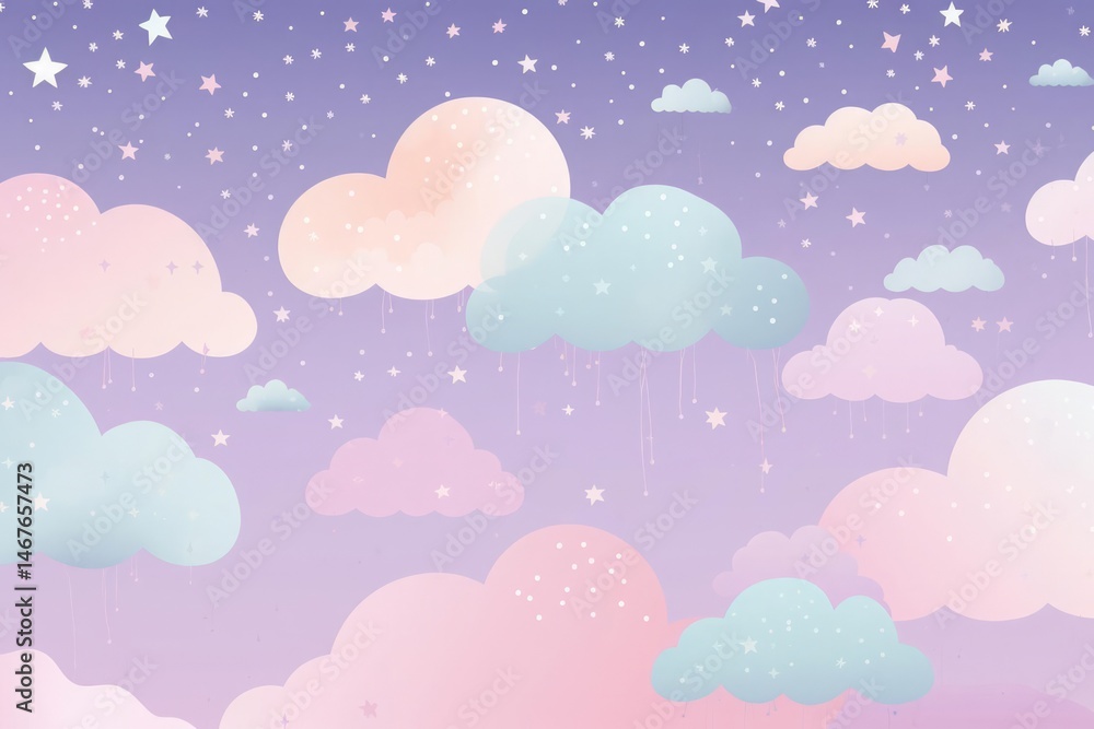 Illustration of pink, blue, and peach clouds against a gradient purple sky filled with scattered white and pink stars of varying sizes. Illustration of pink, blue, and peach clouds against a gradient purple sky filled with scattered white and pink stars of varying sizes.