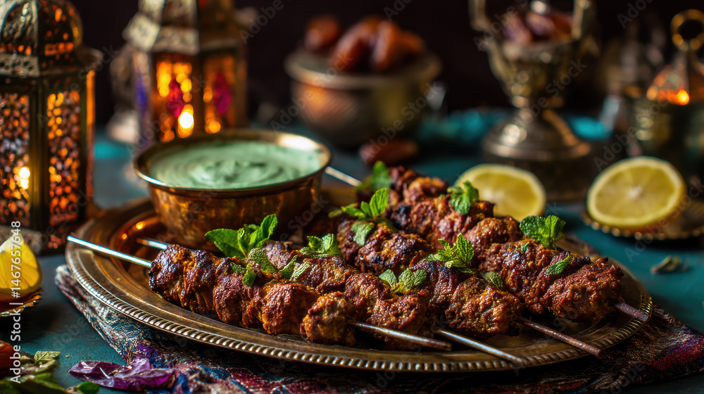 Festive Bakrid Table Setting Featuring Mutton Kebabs, Chutney, and Cultural Accents Festive Bakrid Table Setting Featuring Mutton Kebabs, Chutney, and Cultural Accents