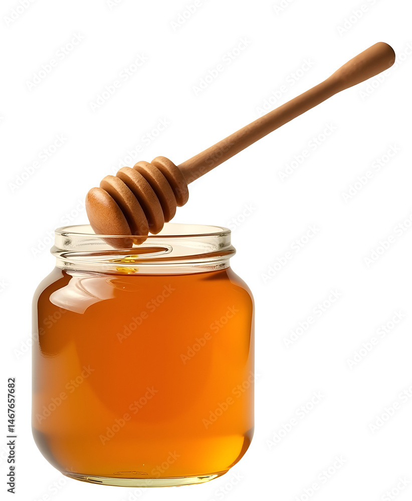 Sweet honey syrup in jar with wooden dipper creates delightful treat.,cut out Sweet honey syrup in jar with wooden dipper creates delightful treat.,cut out