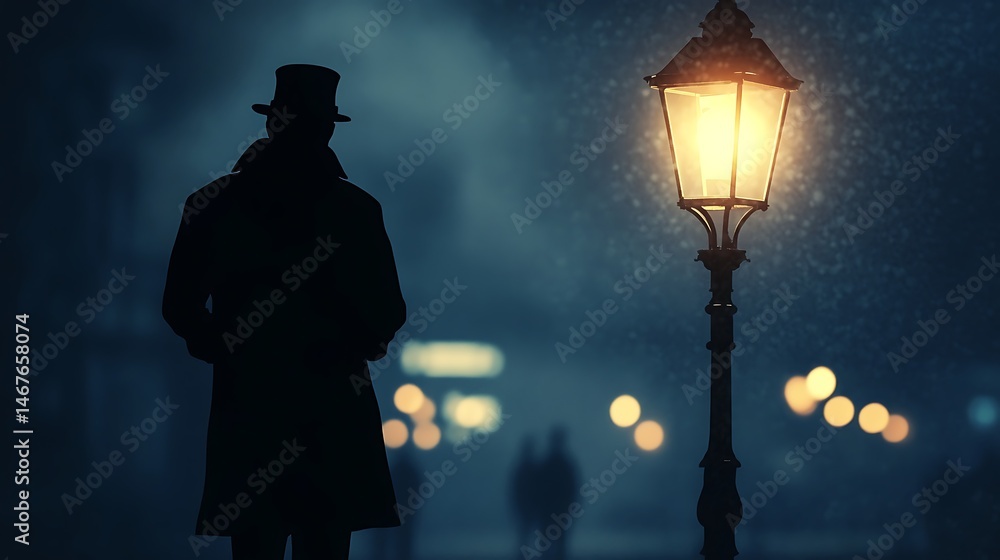 Obraz premium Silhouette figure under lit street light in atmospheric scene