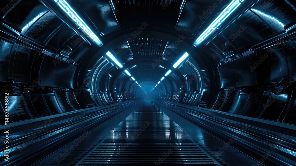Fototapeta premium Glowing blue planet with orbiting rings on a dark starry background. Abstract artwork of 3D rendering of geometric shape with blue glowing light portal or door. Space and astronomy concept. AIG53.