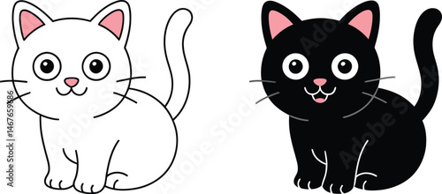 Adorable cartoon cats in black and white smiling with happy and friendly expressions
