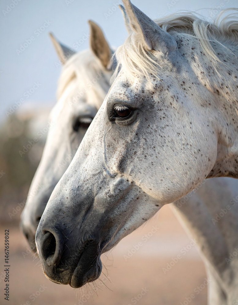 Obraz premium Close-up of Arabian horses, showcasing their beauty and historical significance in Emirati culture.