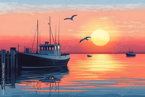 The peaceful sea view of the fishing village pier in the early morning