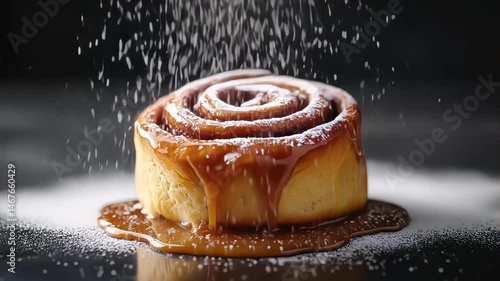 A golden brown cinnamon roll topped with glossy caramel sauce, surrounded by powdered sugar on a dark surface, with sugar dust falling from above in a dramatic, moody lighting setup