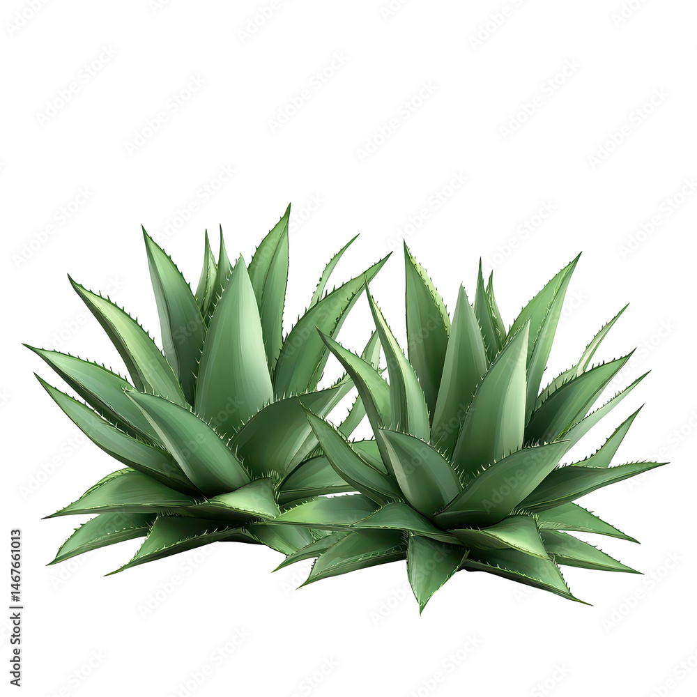Fototapeta premium Green agave plants arranged in a group, showcasing their vibrant and spiky leaves under bright lighting