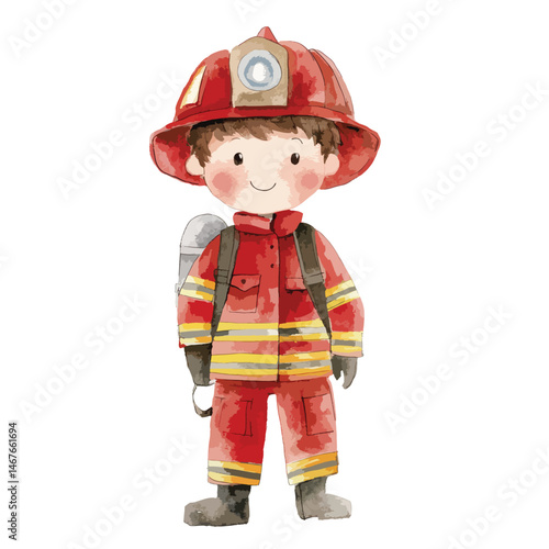 watercolor illustration of boy Firefighter clipart isolated
