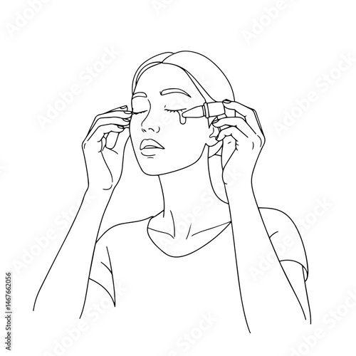 Woman relaxing while applying facial serum in minimalist style  