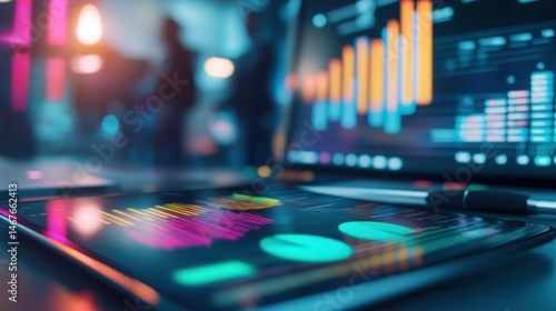 Wallpaper Mural Data analysis on digital devices with vibrant visuals in background Torontodigital.ca