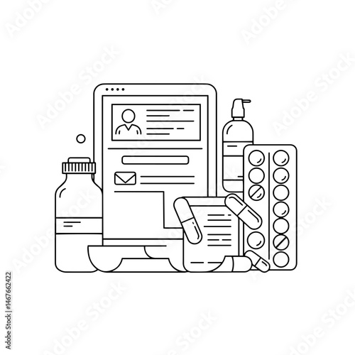 Medical prescription elements with pharmacy products and computer  