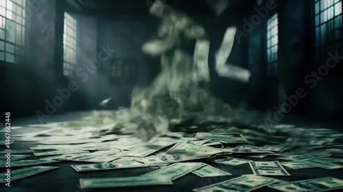 Money falling from the ceiling in a dark room with windows and money on the floor in a pile