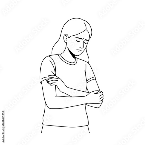 Sad woman embracing herself in a minimalist line art style  