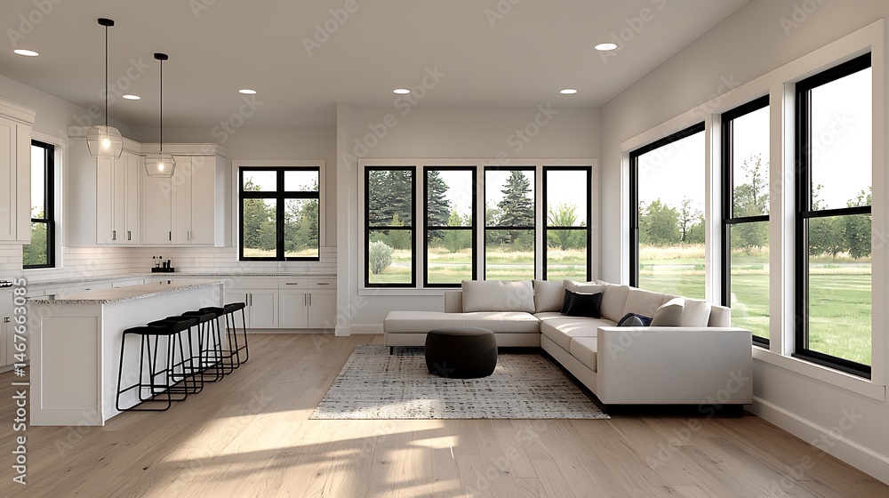 Fototapeta premium Bright Modern Living Space with Open Kitchen and Large Windows Showcasing Serene Outdoors, Perfect Home Design.