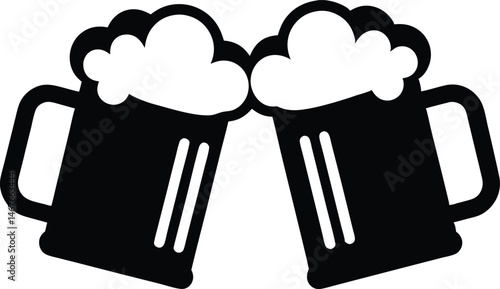 two beer mugs black silhouette vector, Two clinking beer mugs black symbol