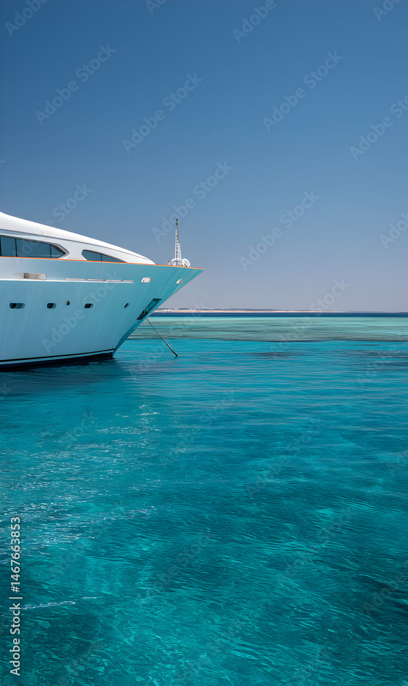 A luxurious yacht rests on clear turquoise waters under a bright blue sky on a sunny day A luxurious yacht rests on clear turquoise waters under a bright blue sky on a sunny day