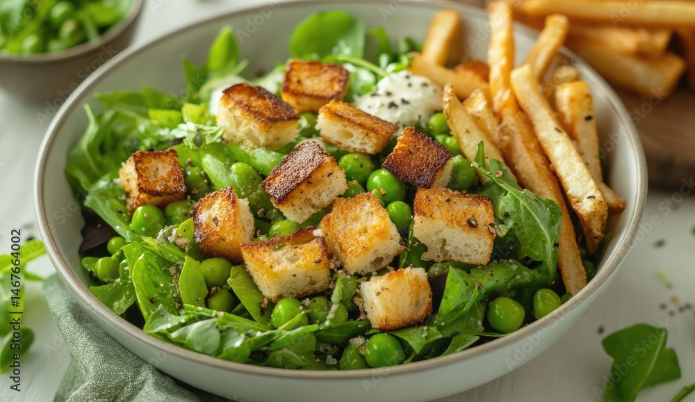 Healthy salad bowl with crispy croutons and french fries Healthy salad bowl with crispy croutons and french fries