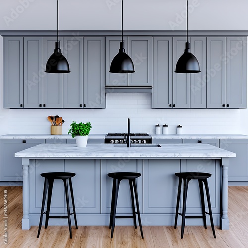 Contemporary Kitchen Design with Gray Cabinets, Marble Countertop, Black Pendant Lights, and Wooden Floor for Modern Home.