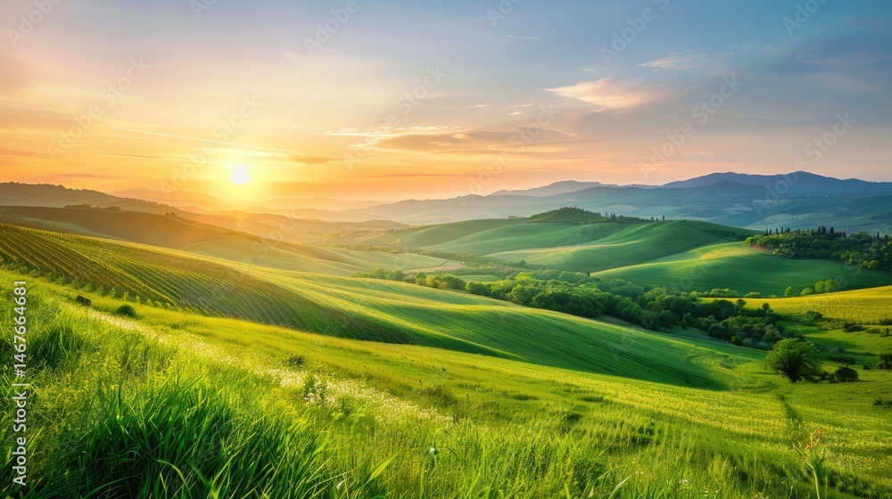 Obraz premium The picture of the green mountain filled with grass field and plant in the bright time of the day with bright light and warm from the sun that has been rising in morning or falling in evening. AIG51.