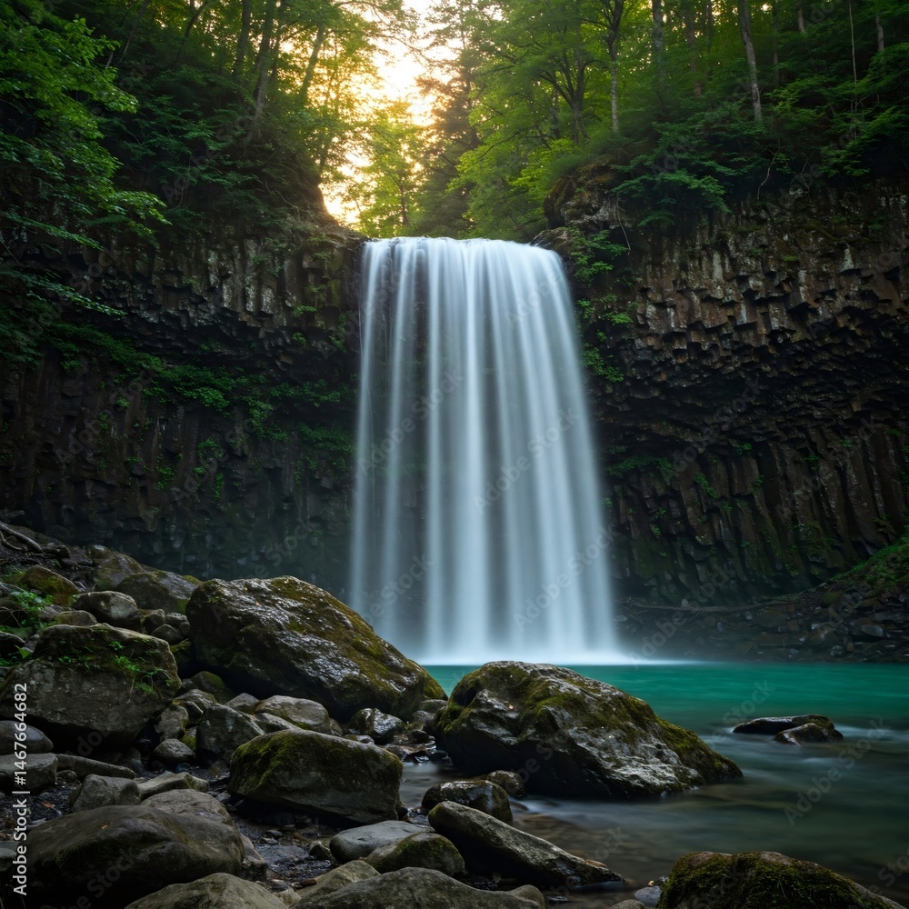 Fototapeta premium Majestic Abiqua Falls cascading into a turquoise pool surrounded by basalt columns and lush forest