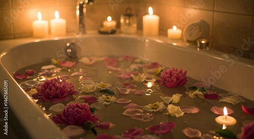 Warm bath with flower petals and ambient candlelight.