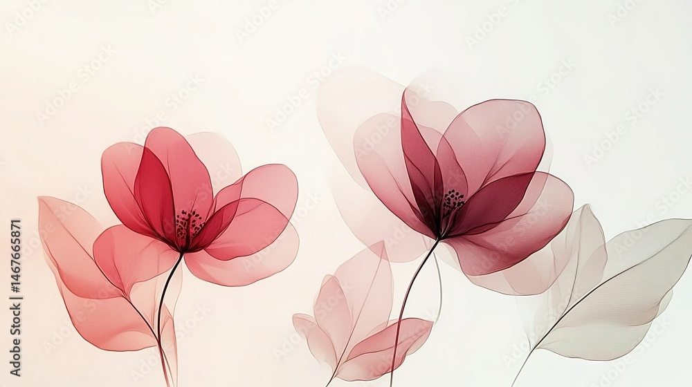 Fototapeta premium Watercolor painting of two pink flowers with leaves on a light background.