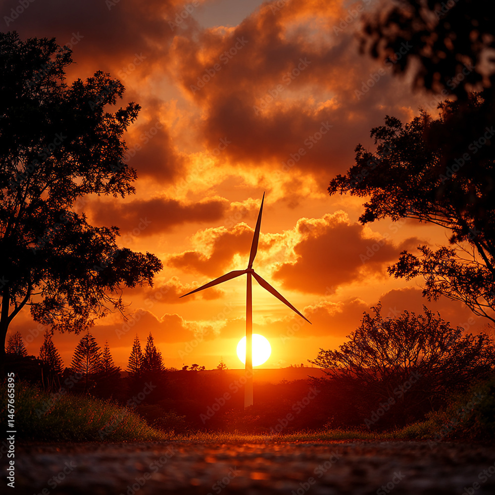 Obraz premium Wind turbine silhouette against deep orange sunset