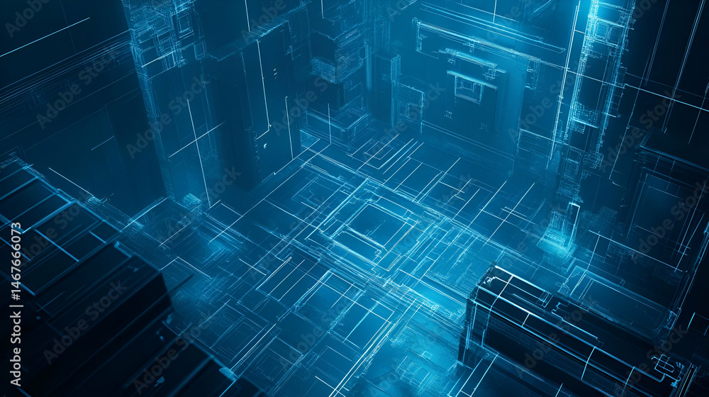 Fototapeta premium Glowing Blue Digital Cityscape: Futuristic Abstract Network Structure