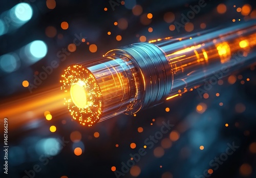 High-tech fiber-optic cable emitting orange light with scattered blue and orange spots.