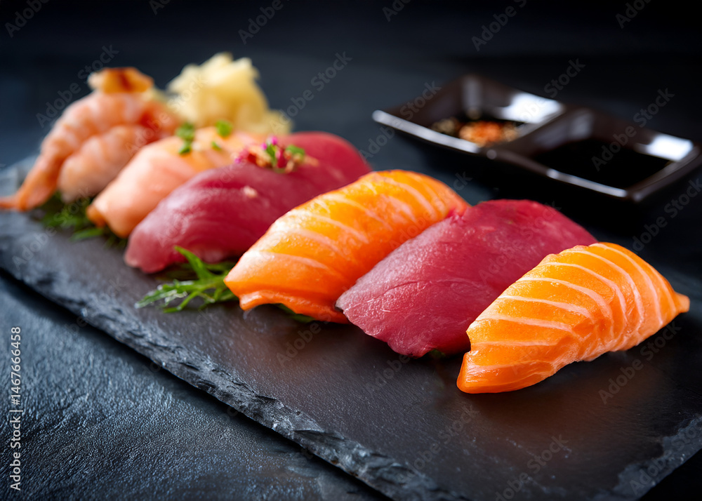 Assorted japanese sushi on a black plate. Assorted japanese sushi on a black plate.