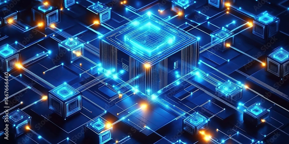 Obraz premium Digital art of a circuit board with glowing cubes in blue and orange.
