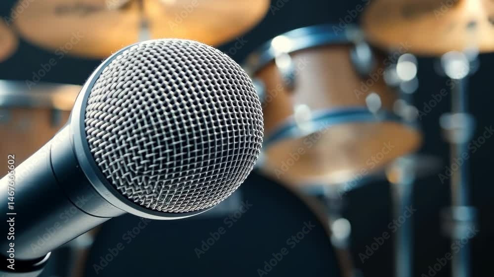 Focus on microphone in a lively music studio surrounded by drums and instruments, capturing the energy of a creative session Focus on microphone in a lively music studio surrounded by drums and instruments, capturing the energy of a creative session