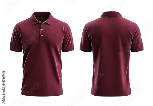 A maroon polo shirt with short sleeves, collar, and three buttons, front and back views on white background.
