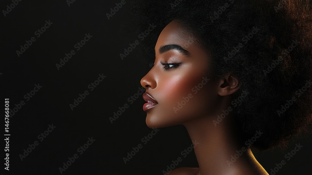 Fototapeta premium Profile portrait of a woman with natural hair against dark background