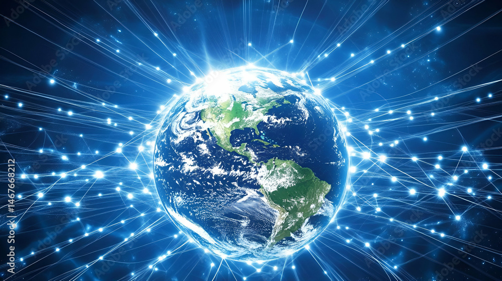 Fototapeta premium Glowing Earth with Bright Blue Rays and Digital Connections