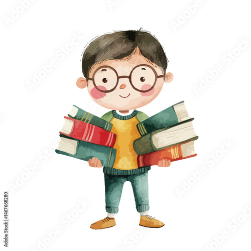 watercolor illustration of boy Librarian clipart isolated