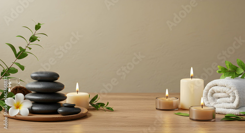 Tranquil Spa Scene with Stones, Candles, and Natural Elements