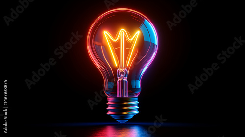 Light bulb glowing with neon colors against black background, creative energy and innovation concept for business ideas