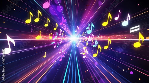 An abstract music visual of colorful notes bursting into dynamic beams of light, creating a vibrant and energetic display of sound and motion.


