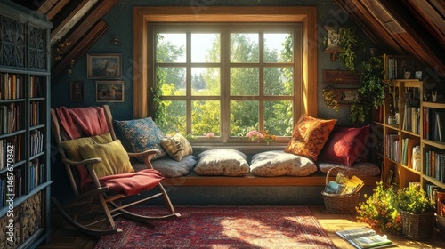 Cozy attic reading nook with sunlight streaming through large window