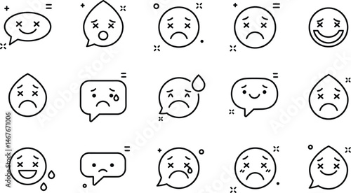 Set of Sad and Depressed Emoticons,Collection of Unhappy Yellow Emoji Icons,Sadness and Disappointment, Expressions of Sorrow and Distress Emoticons Illustration AI Generative