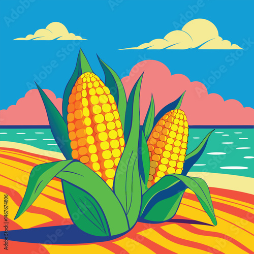 Corn tans on beach pop art vector
