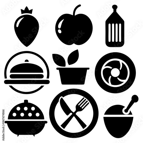 Food drinks and knife ion silhouette set