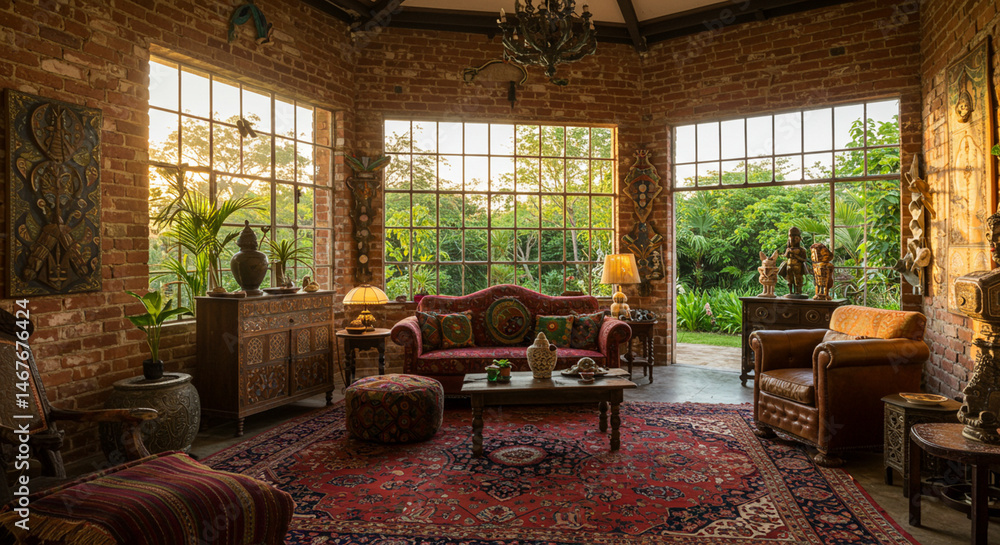 Fototapeta premium red brick walls room with glass windows