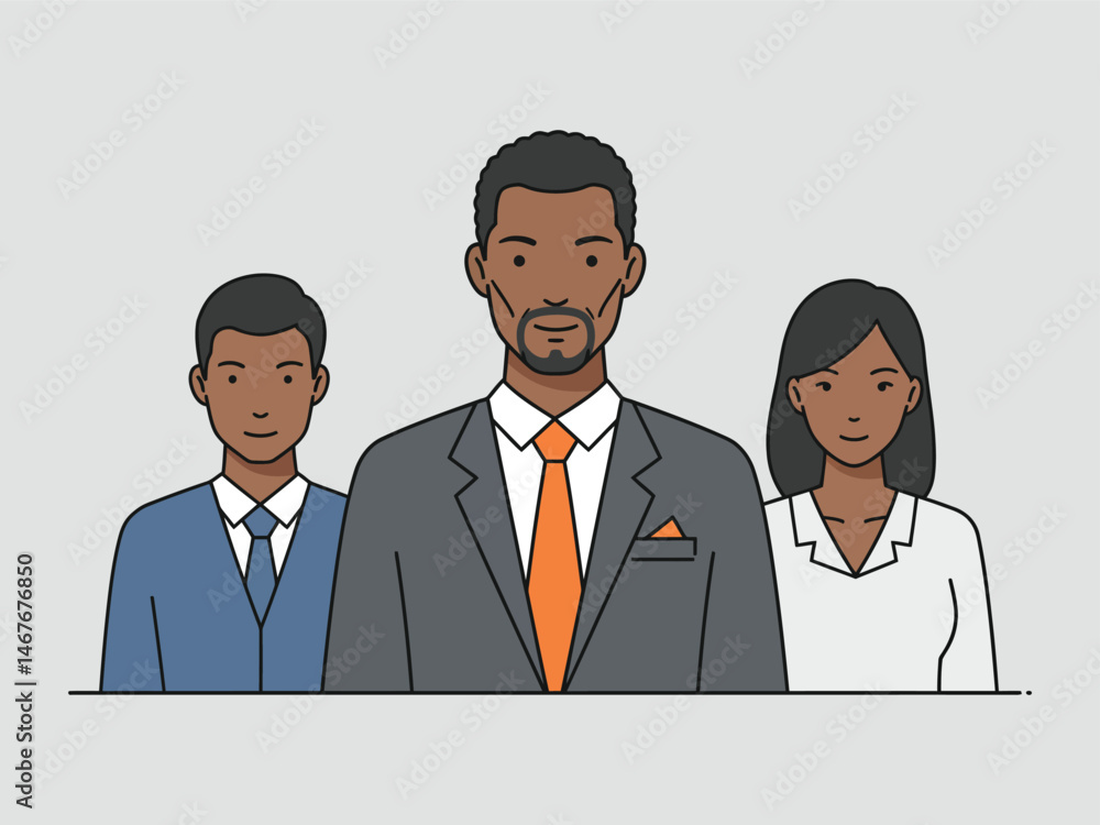 Fototapeta premium Serious Business Team Illustration,Focused Business Professionals,Determined Business Group Isolated,Confident Business People Illustration,Stern Business Team on grey background AI Generative